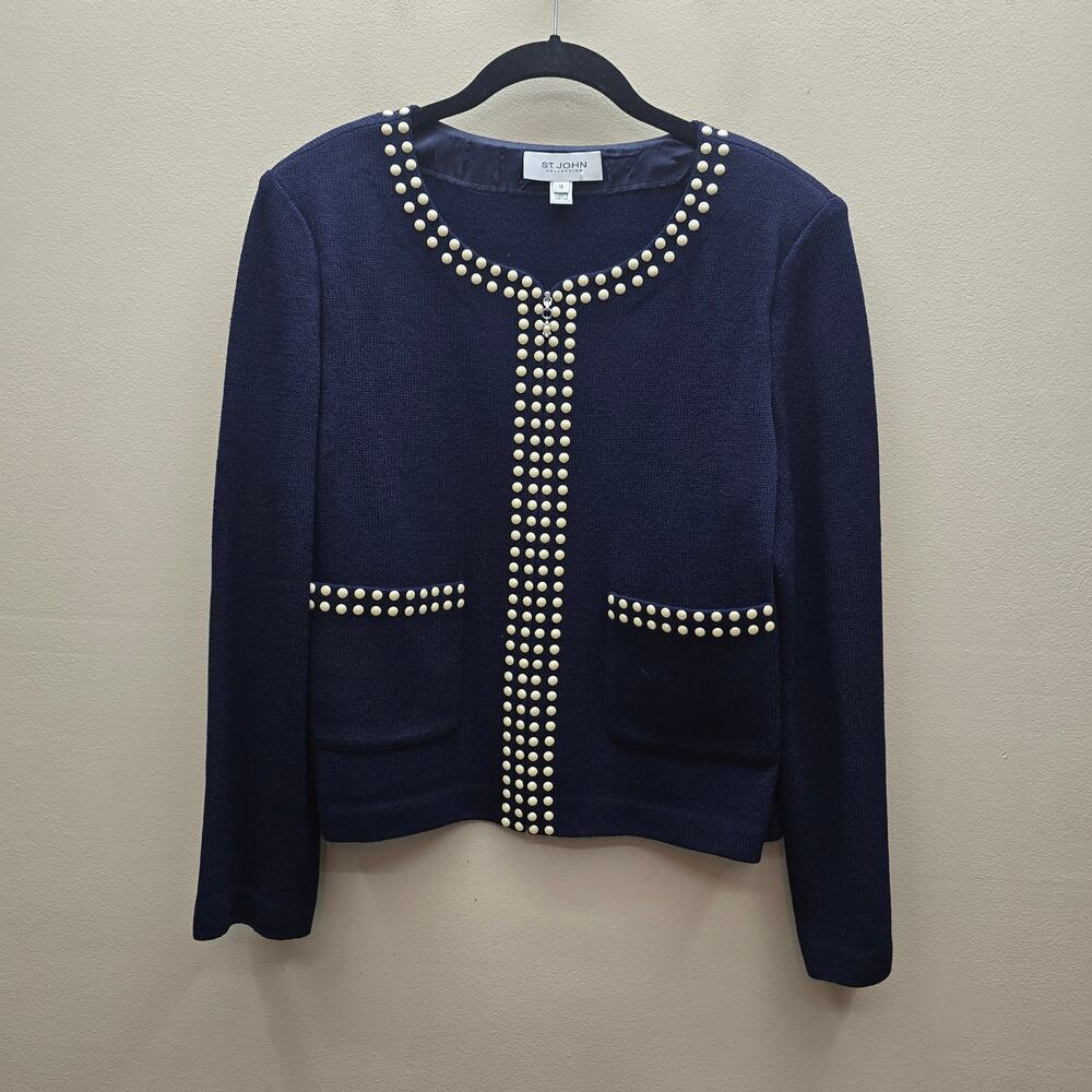 St. John Collection Zip Up Knit Jacket Sz 12 Studded Navy Work Wear Business